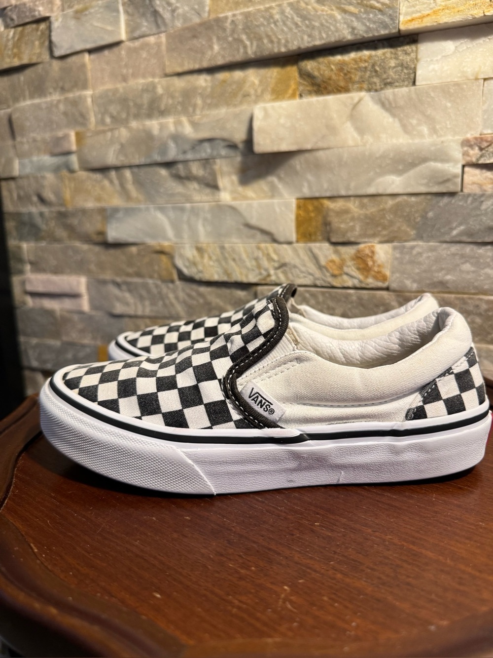 Kids Sz 2.5 Vans Checkerboard Slip-On Shoes Black White Skateboarding Skater EUC